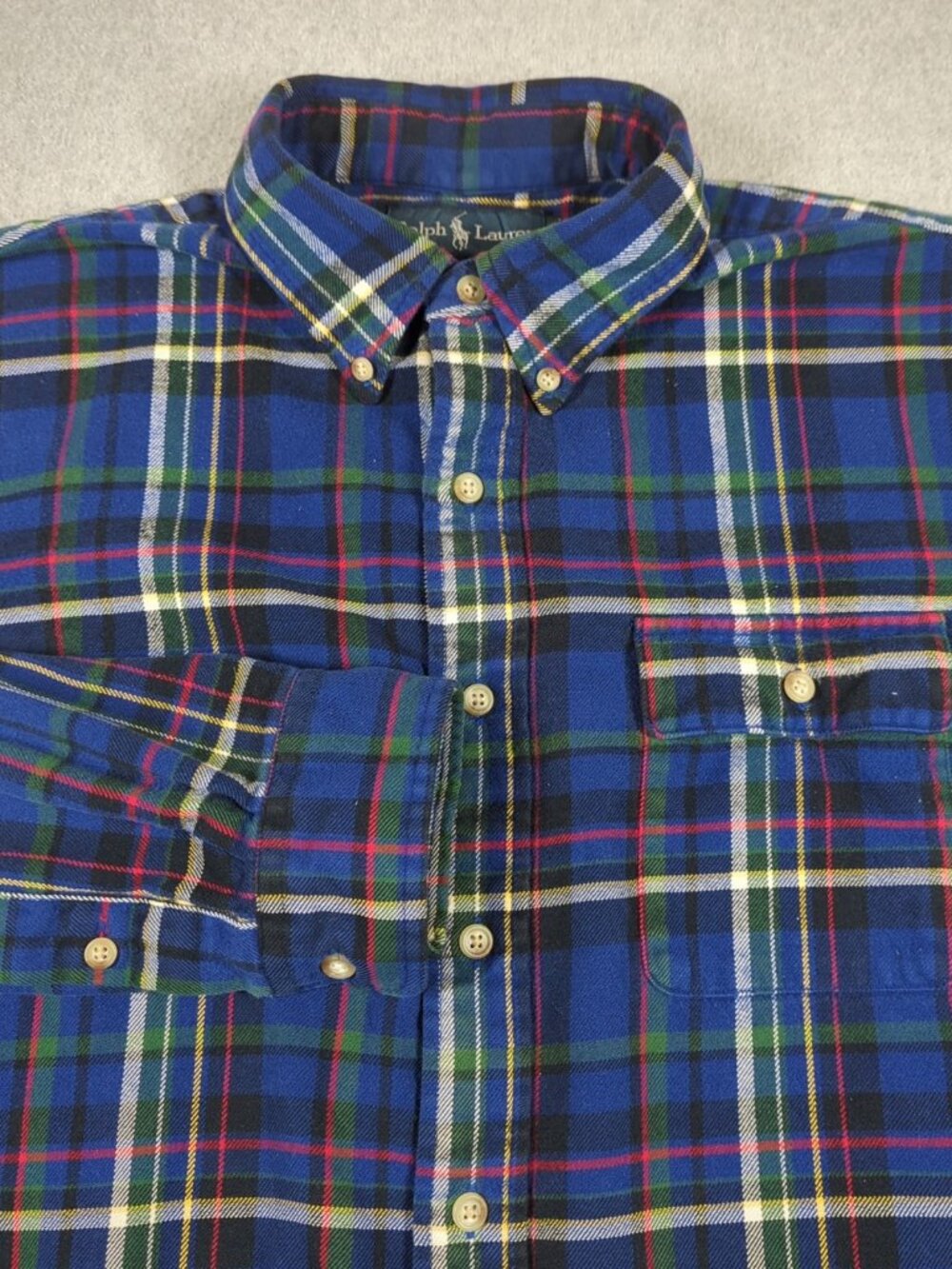 Ralph Lauren Shirt Men's Large Blue Plaid Custom Fit Button Down Flannel Preppy